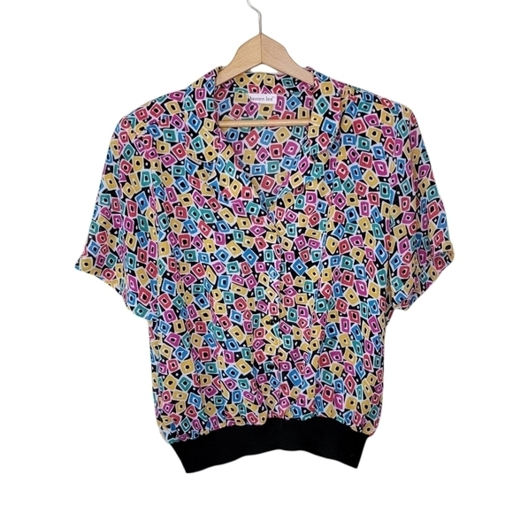 Vintage Lauren Lee | Colorful Geometric Banded Hem Blouse - Picture 1 of 6